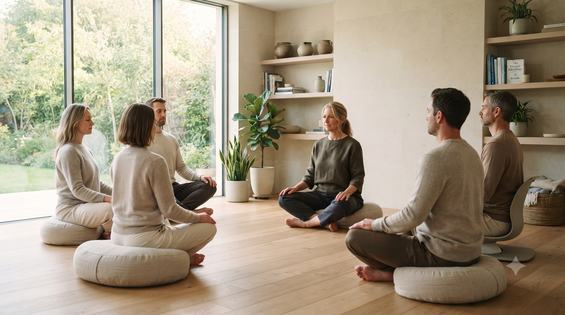Small meditation group seated on cushions in a bright living room with large windows and shelves of decor