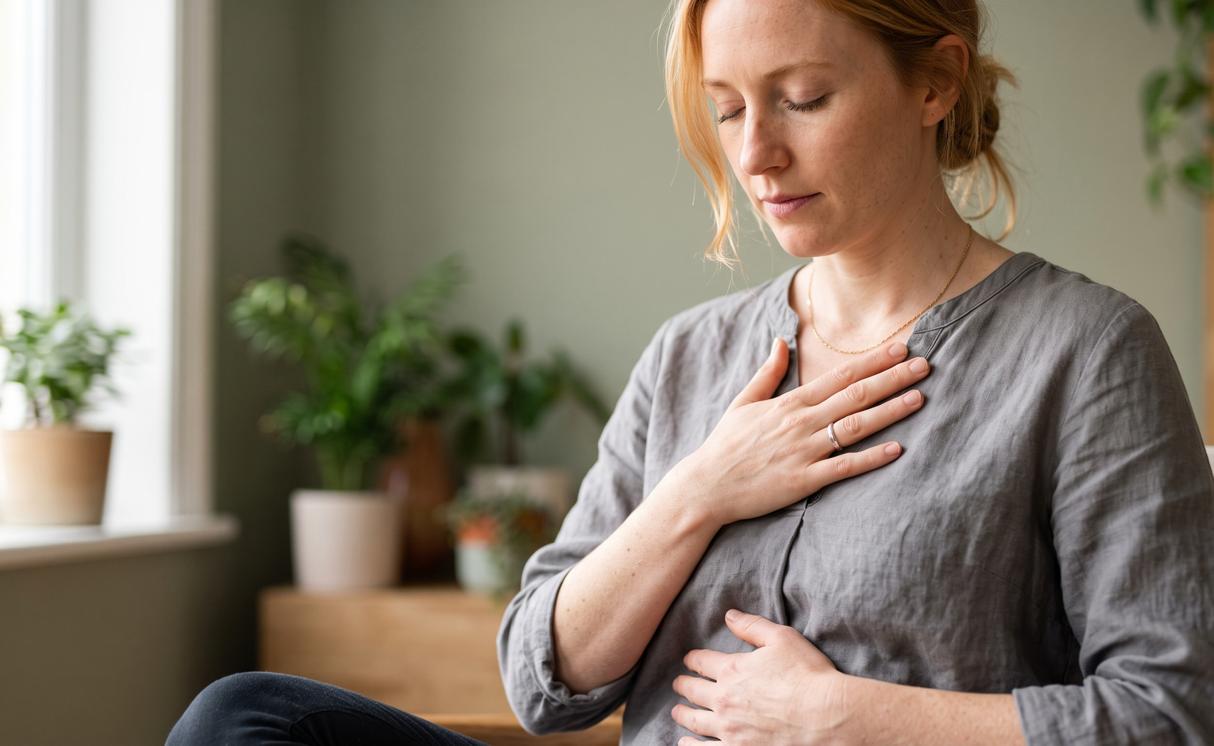 Woman sitting indoors with hand on chest, looking down with a concerned expression.
