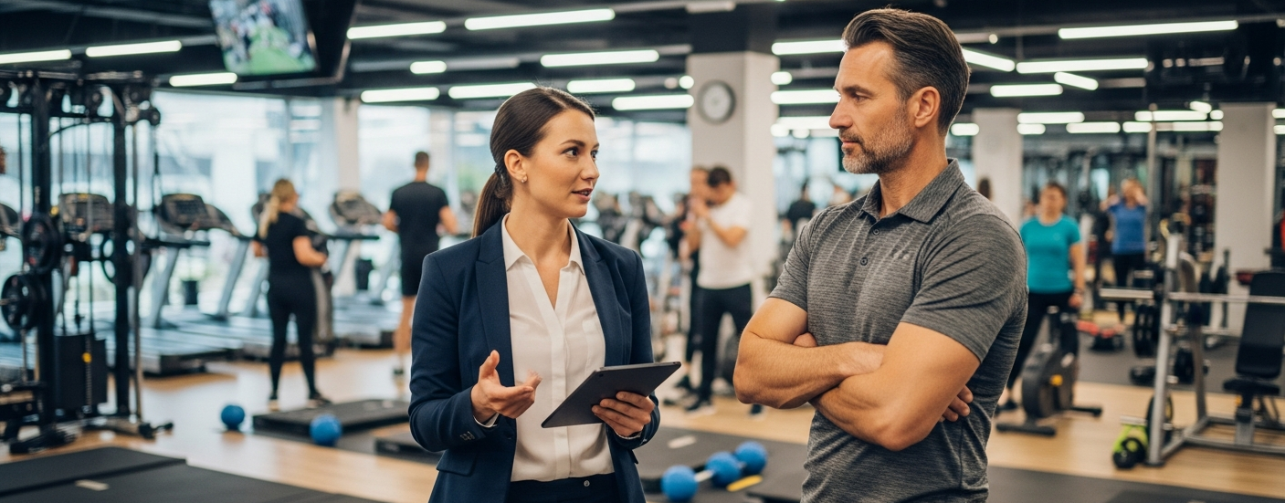 Two people discussing fitness plans in a gym, with weight machines and equipment in the background