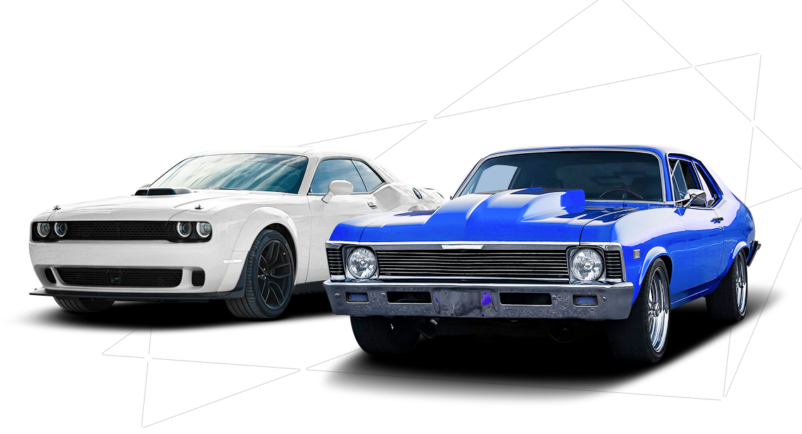 White Dodge Challenger and blue classic car.