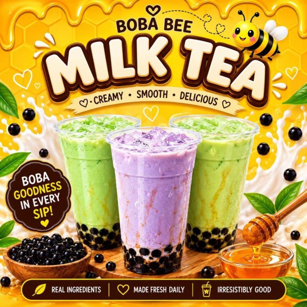 Boba Bee milk tea ad with three colorful drinks, black tapioca pearls, and a bright yellow background