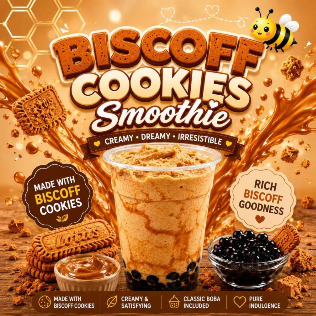 Biscoff Cookies Smoothie ad with caramel swirl, cookie pieces, and honeybee on a warm orange background
