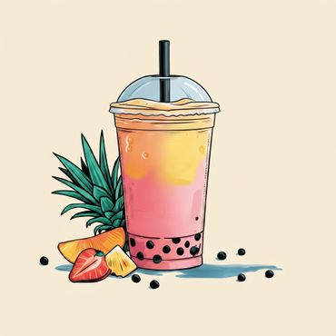 Pink and orange boba tea with black pearls, pineapple slices, and a straw on a beige background