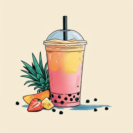 Pink and orange boba tea with black pearls, pineapple slices, and a straw on a beige background