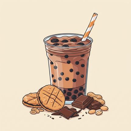 Iced chocolate drink with a striped straw, cookies, and chocolate pieces on a light background