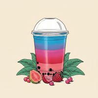 Colorful berry smoothie in a clear cup with a lid, surrounded by fresh berries and leaves