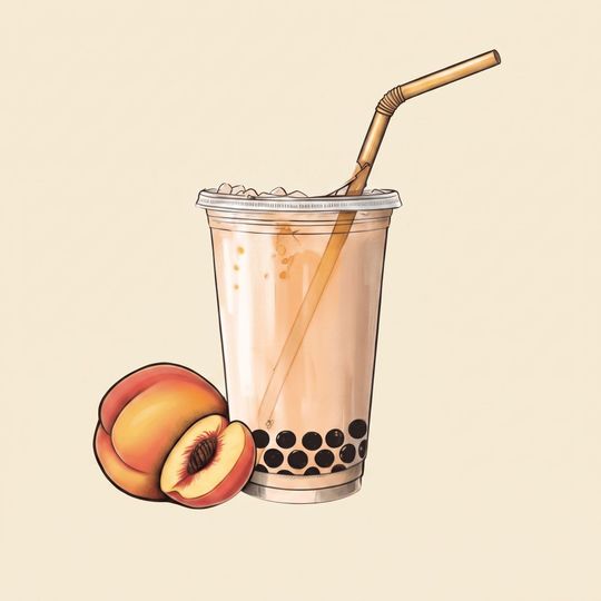 Peach bubble tea in a clear cup with a straw, next to sliced peaches on a light background