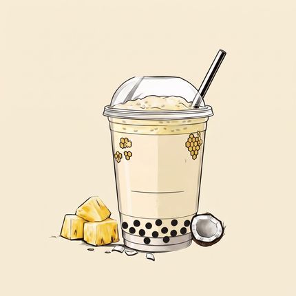 Iced bubble tea with black tapioca pearls, a straw, and pineapple pieces on a light background