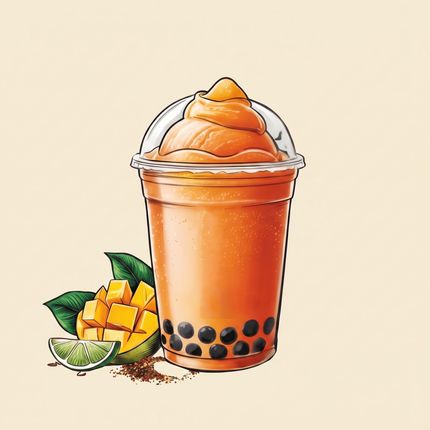 Orange bubble tea with mango cubes, lime, and black tapioca pearls on a light background