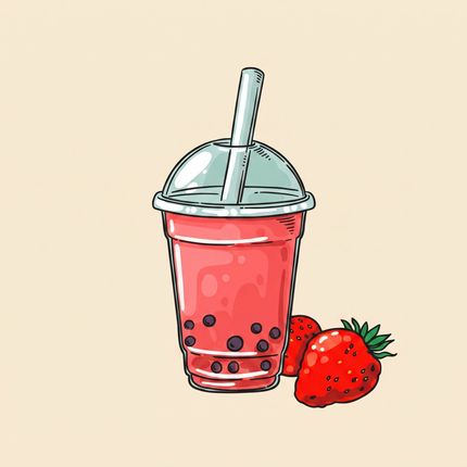 Pink strawberry bubble tea with a straw beside fresh strawberries