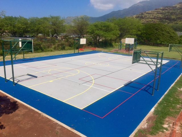 Outdoor basketball court with a green playing surface and a hoop.