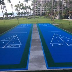 Two blue shuffleboard courts with white markings on a grassy area.