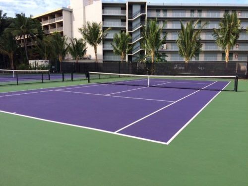 Tennis court with purple playing area, green surrounding, and a building in the background.