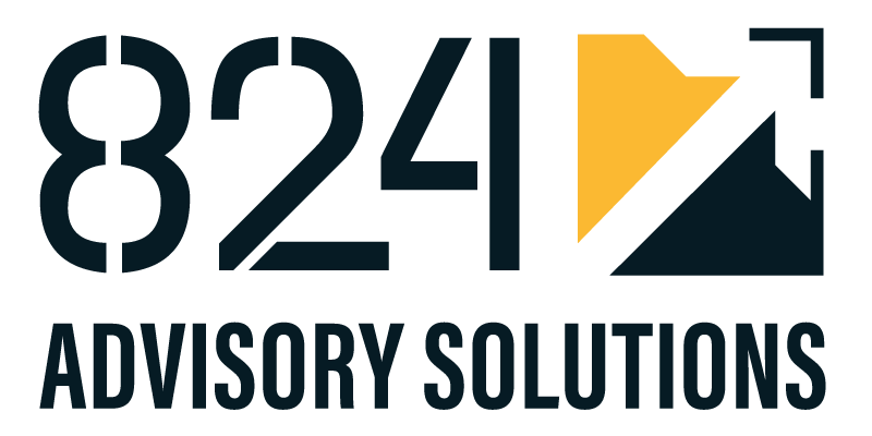 The logo for 824 advisory solutions has a yellow arrow pointing up.