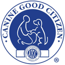 Canine Good Citizen logo: Blue circle with white outline. Person and dog interact. AKC logo at the bottom.
