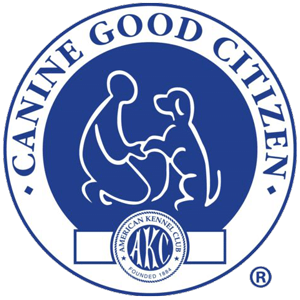 Canine Good Citizen logo: Blue circle with white outline. Person and dog interact. AKC logo at the bottom.