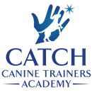 Logo for CATCH Canine Trainers Academy: blue hand with dog silhouette, text below.
