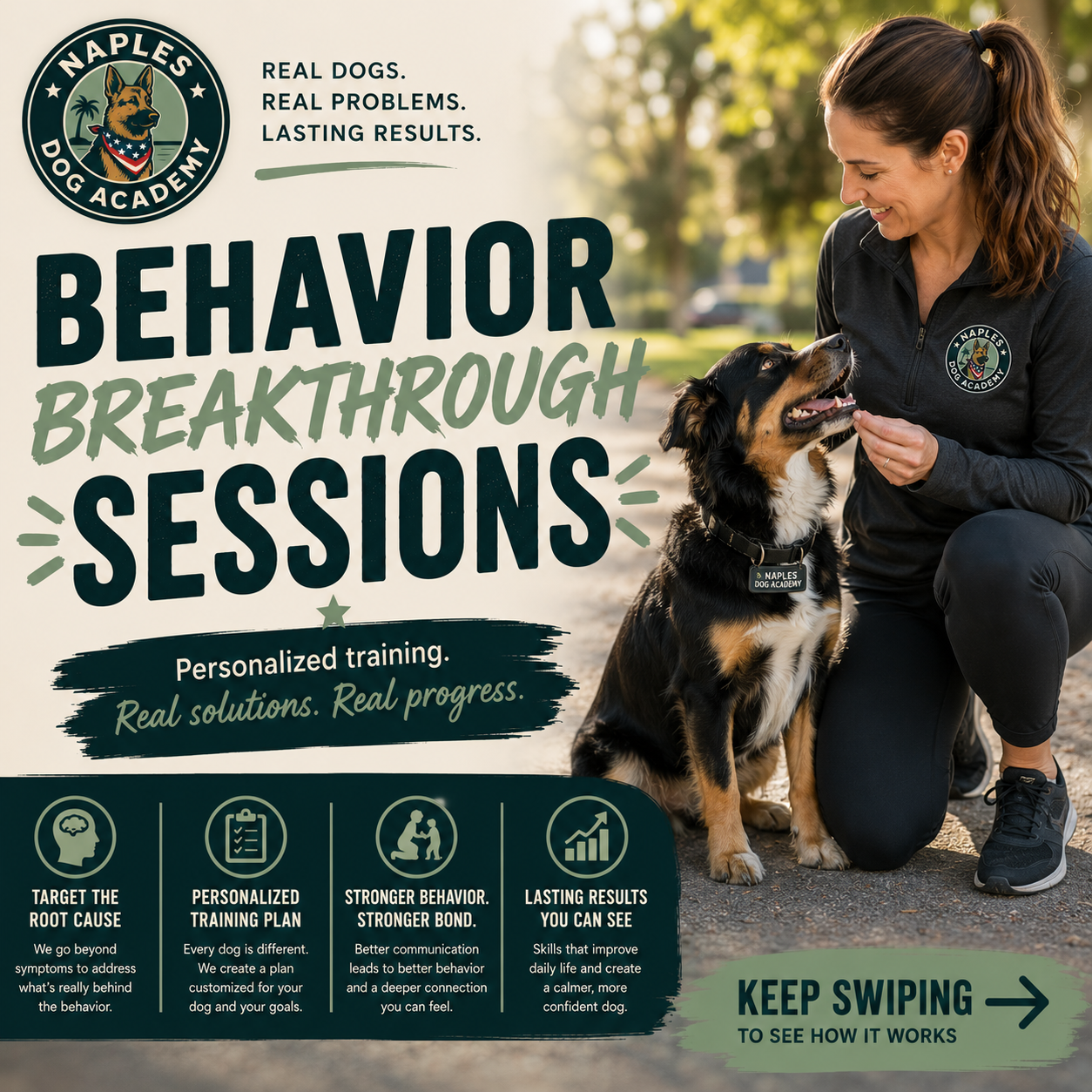 Dog training ad with a brown-and-white dog; “Sound familiar?” and behavior questions on a green background