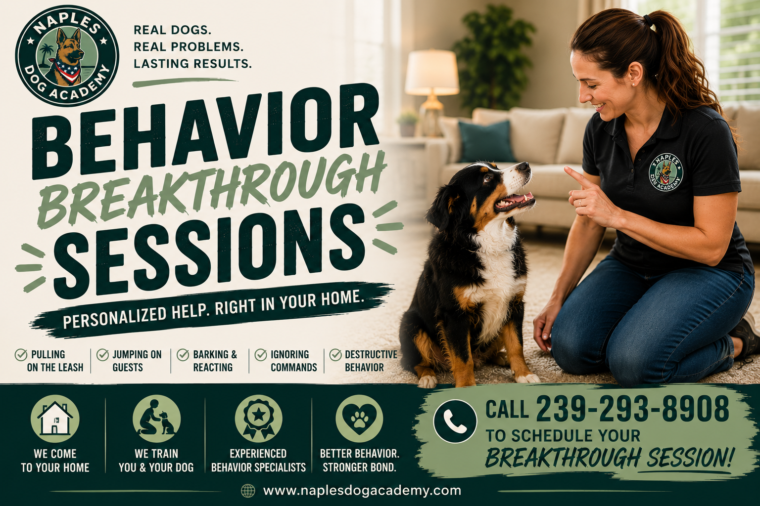 Dog behavior specialist working with a dog during an in-home training session in Naples, FL