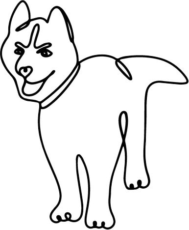 Black line drawing of a dog with a slight smile and raised eyebrows.