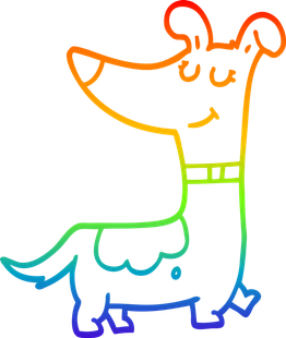 Cartoon dog with rainbow outline, smiling and walking.