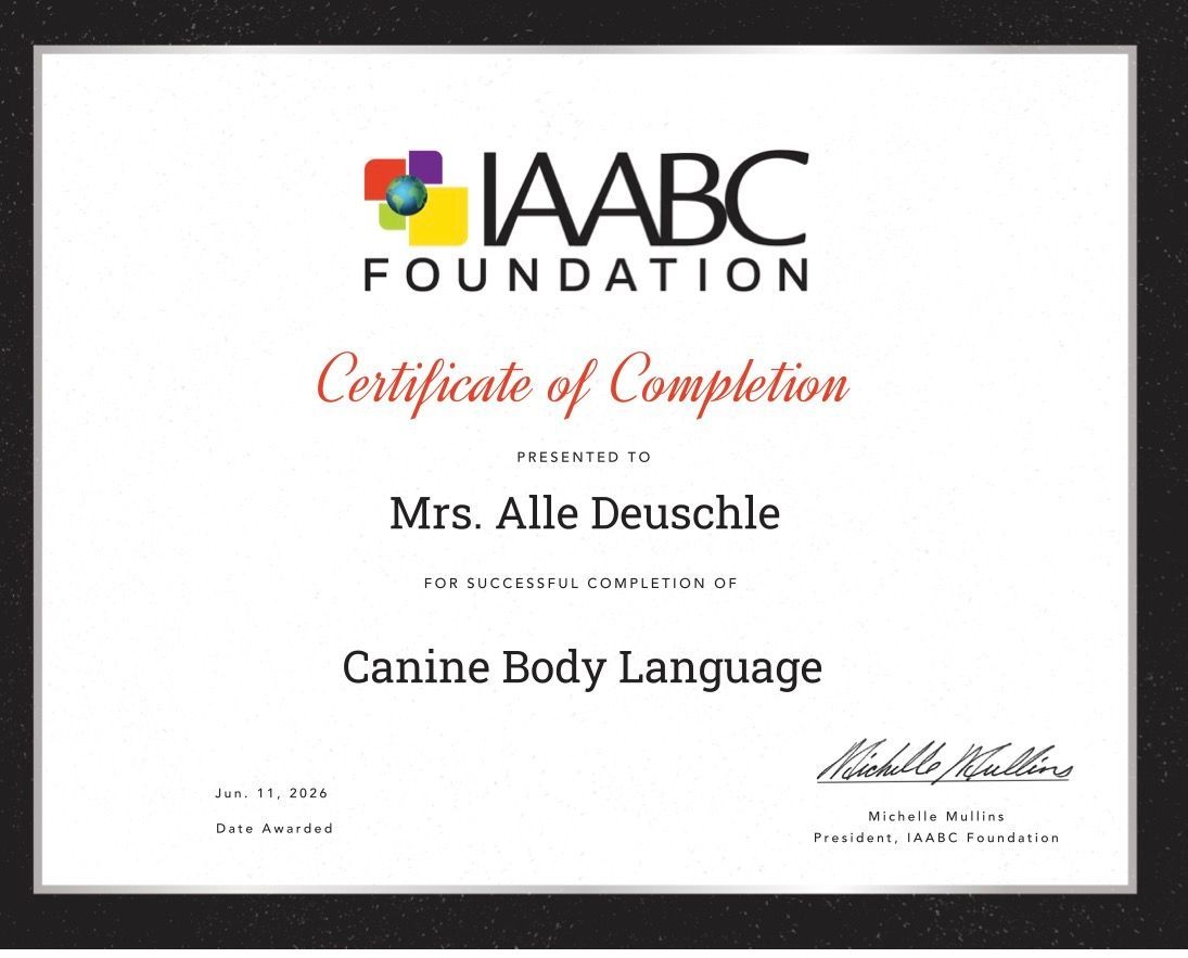 IABC Foundation certificate of completion for Canine Body Language, awarded to Mrs. Alle Deuschle