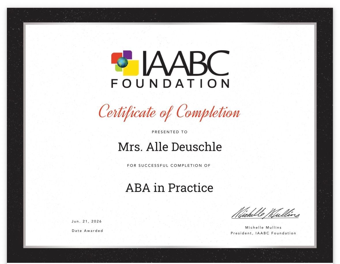 IAABC Foundation Certificate of Completion for ABA in Practice, displayed in a black frame