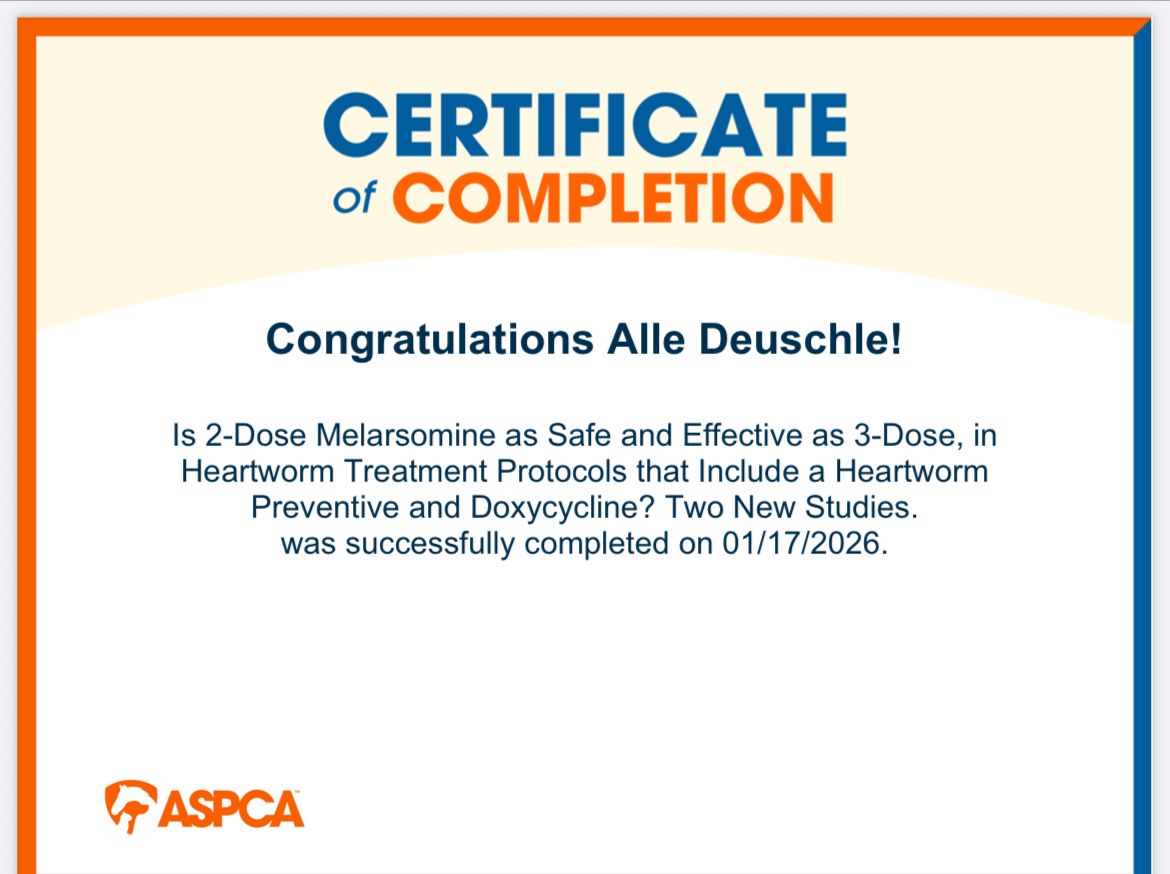 Certificate of Completion: ASPCA certificate, congratulating Alle Deuschle on completing a heartworm treatment study.