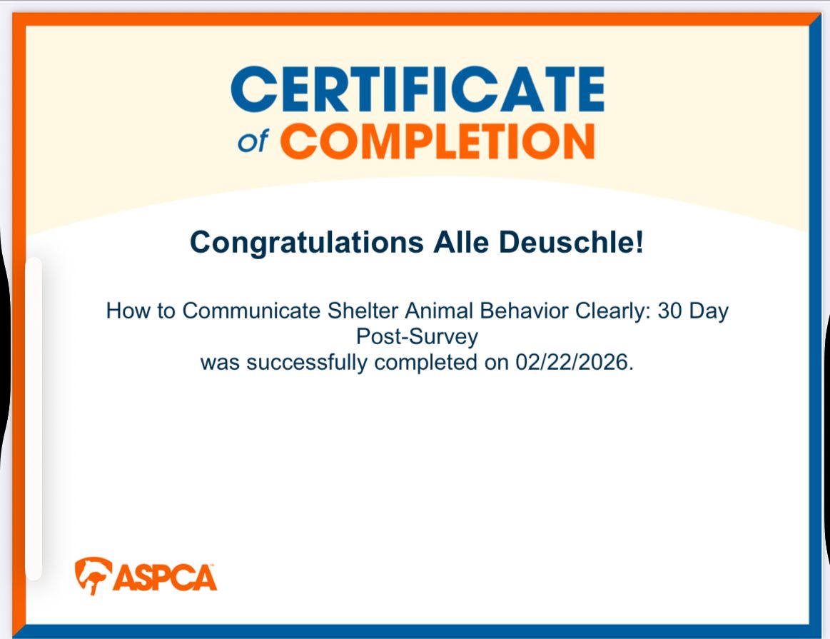 ASPCA certificate of completion with orange and blue border, congratulating Alles Deuschel for finishing a post-survey.