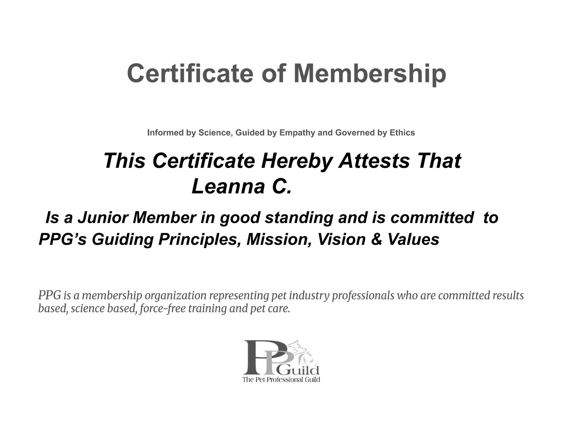 Certificate of Membership. Names Leanna C., a Junior Member in good standing. PPG logo at the bottom.