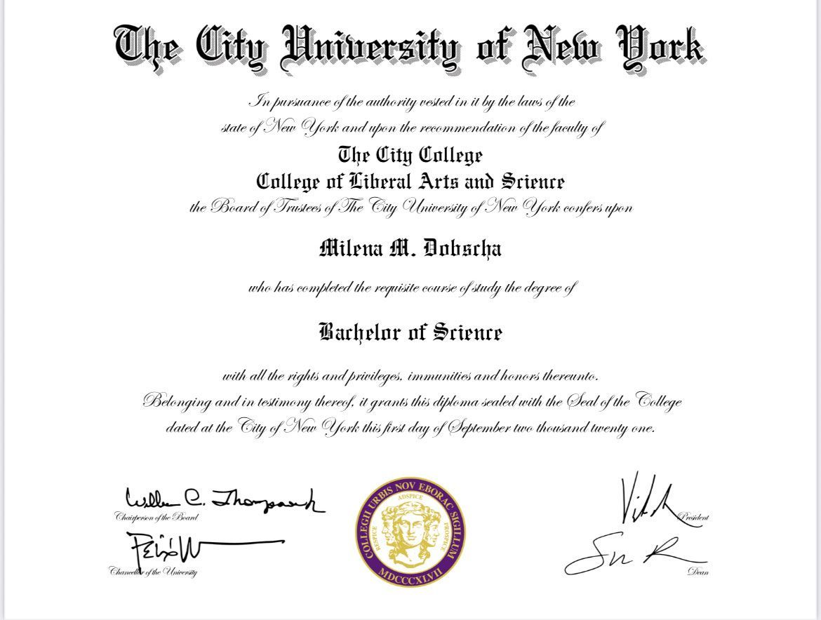 Official university diploma with text and seal, issued by City College, City University of New York.