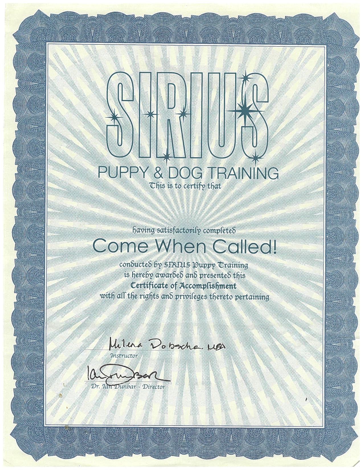 Sirius Puppy and Dog Training certificate with blue border and “Come When Called!”
