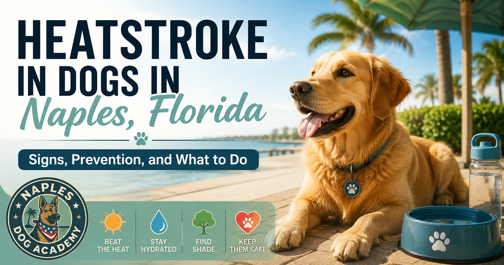 Heatstroke in dogs in Naples, Florida poster with a panting dog by a water bowl