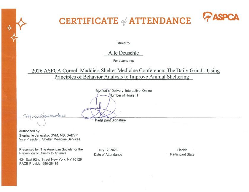 Certificate of attendance from ASPCA for an animal behavior webinar, with orange side border and signatures