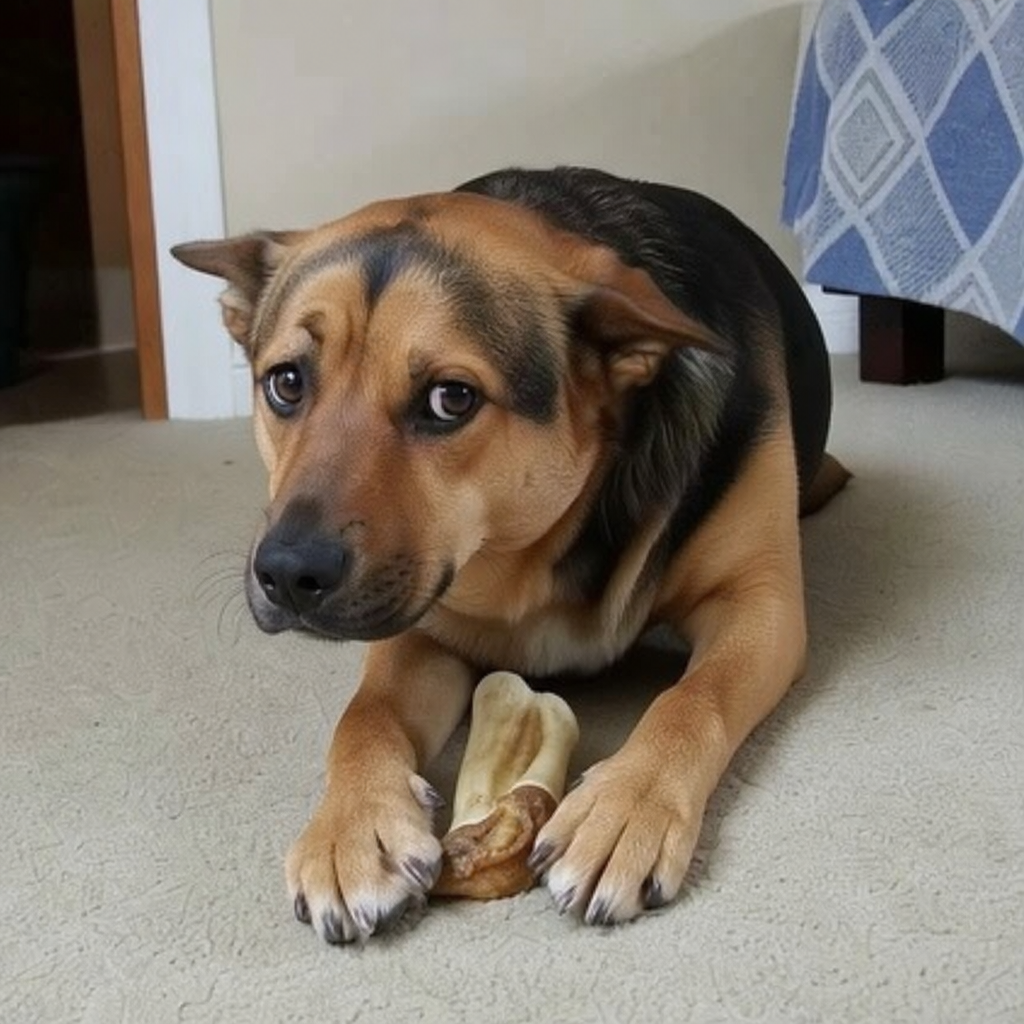 Tan and black dog lying on carpet, chewing a bone indoors