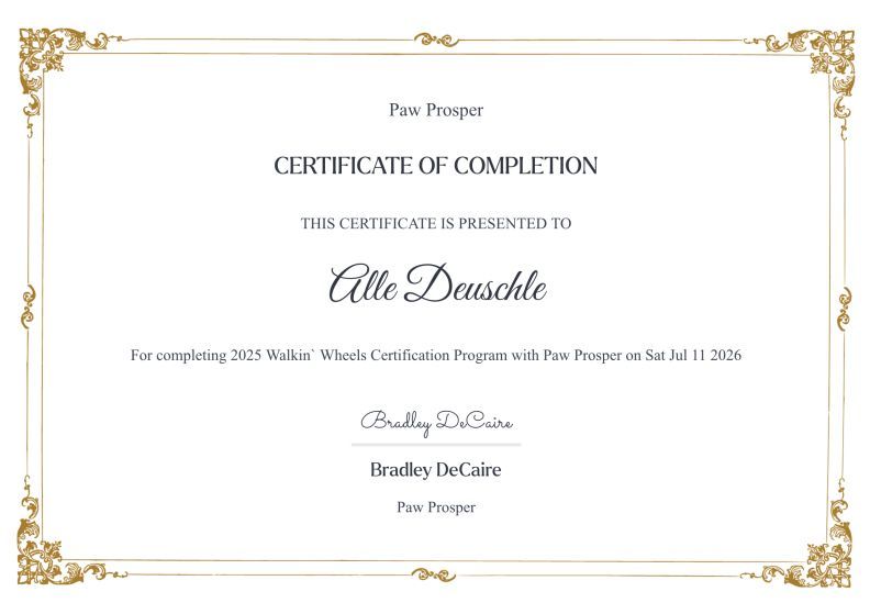 Gold-bordered certificate of completion honoring Alice Deschle for dog training recognition program