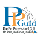 The Pet Professional Guild logo with blue and orange letters and dog and cat outlines; tagline: “No Pain, No Force, No Fear”