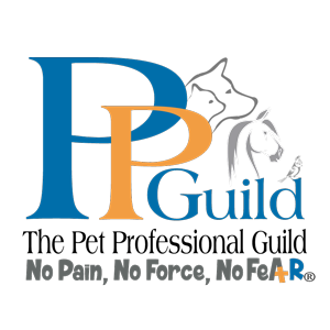 Logo for The Pet Professional Guild with blue and orange letters and pet outlines; slogan: