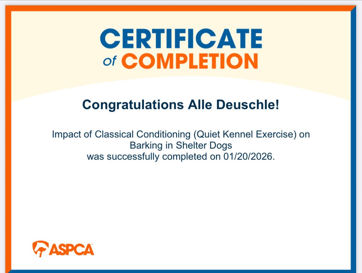 Certificate of Completion from ASPCA for Alle Deuschlel on
