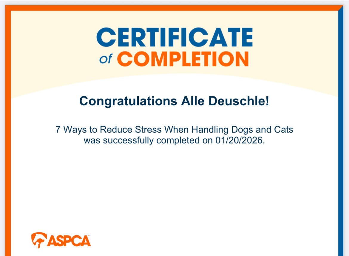 Certificate of Completion: Alle Deuschle completed a course on reducing stress when handling dogs and cats.