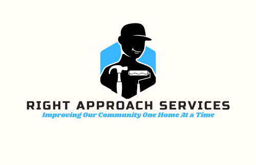 Logo for Right Approach Services featuring a silhouette of a worker holding a hammer and paint roller in a blue hexagon.