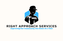 Logo for Right Approach Services featuring a silhouette of a worker holding a hammer and paint roller in a blue hexagon.