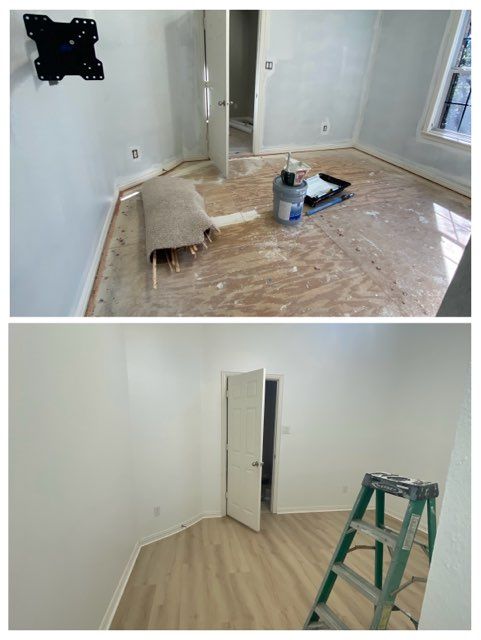 Before and after photos of a room renovation, showing the installation of new light-colored flooring and fresh paint.