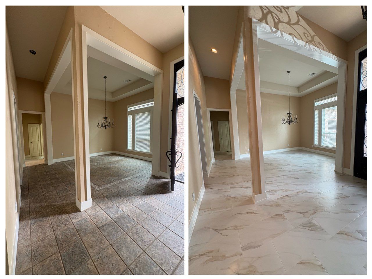Side-by-side comparison of a home entryway before and after the floor was updated from dark tiles to light marble.