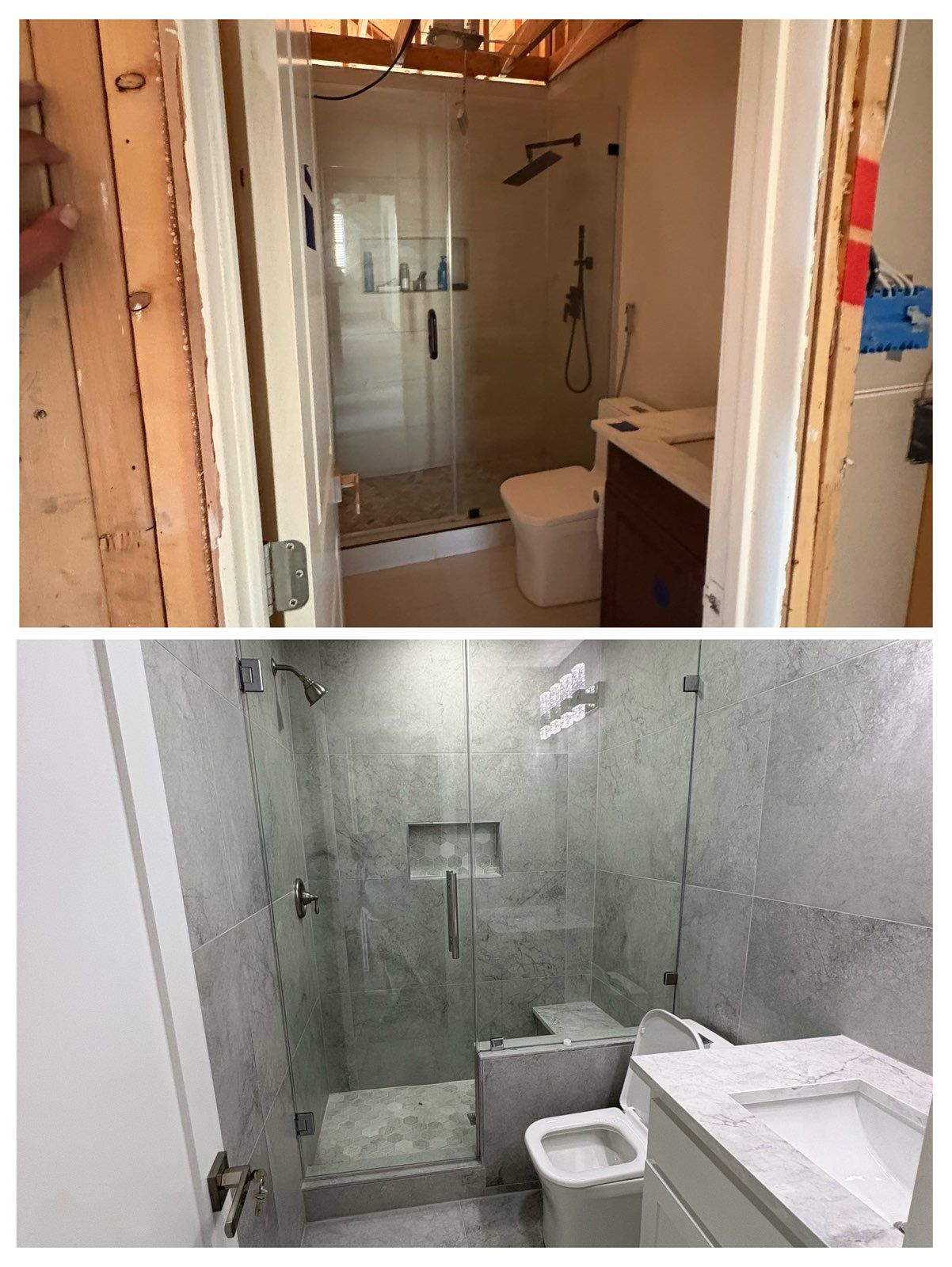 Before-and-after view of a bathroom renovation showing a unfinished space updated with gray tiled walls and glass doors.