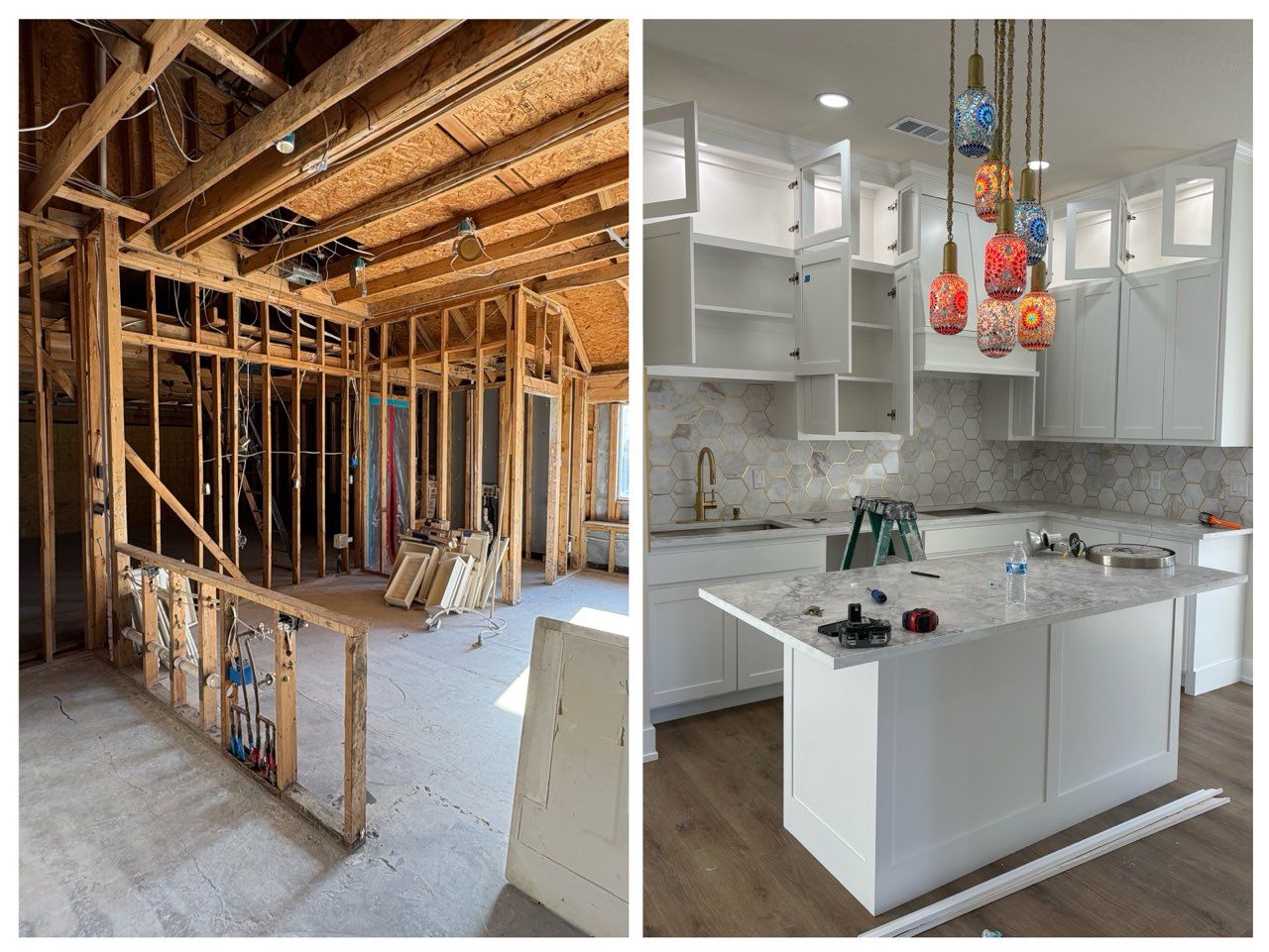 Split image showing a room under construction with exposed wooden framing and the completed white kitchen remodel.