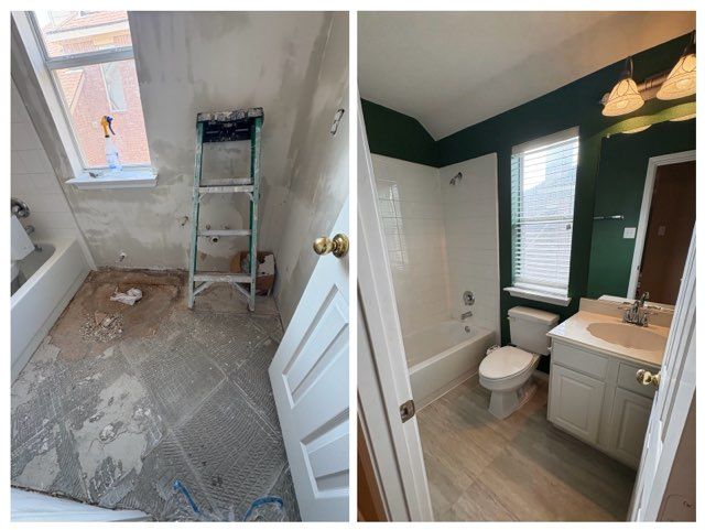 Before and after photos of a bathroom renovation showing a construction site transformed into a finished, green-walled room.