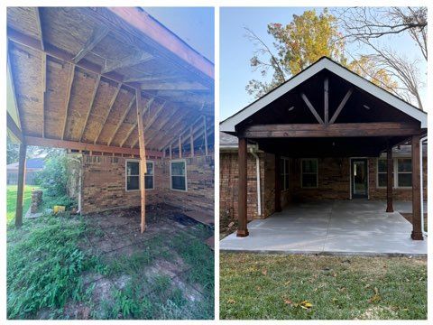 A side-by-side comparison of a patio during construction with exposed rafters and after renovation with a finished roof.