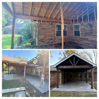 A collage showing the construction phases of a wooden patio roof extension, from the exposed framing to the finished build.