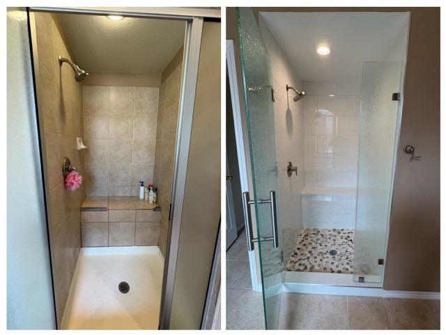 Before and after comparison of a shower remodel featuring new white tile walls, a pebble floor, and glass door.